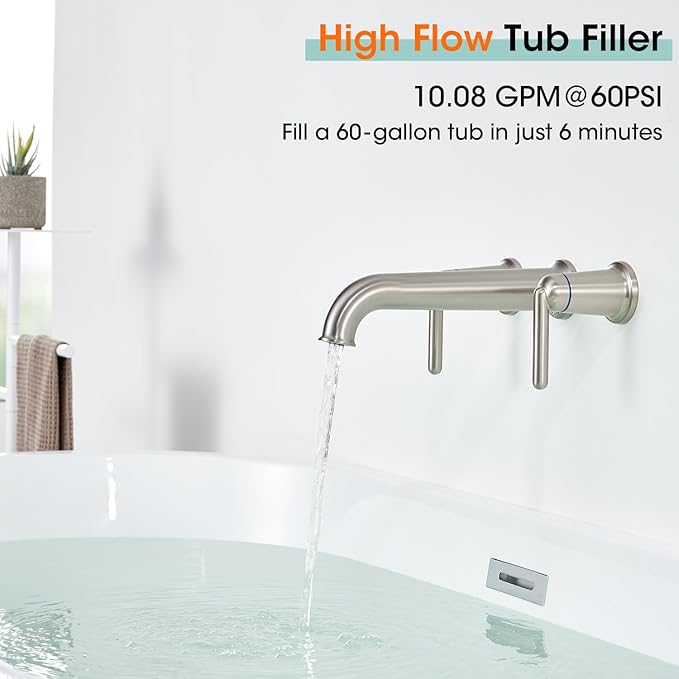 Wall Mount Tub Filler Long Spout Reach Tub Faucet with Rough-in Valve High Flow Tub Faucets 2-Handle Wall Mounted Bathtub Faucet Brass Roman Bath Tub Faucet Set Brushed Nickel (WT-9806BN)