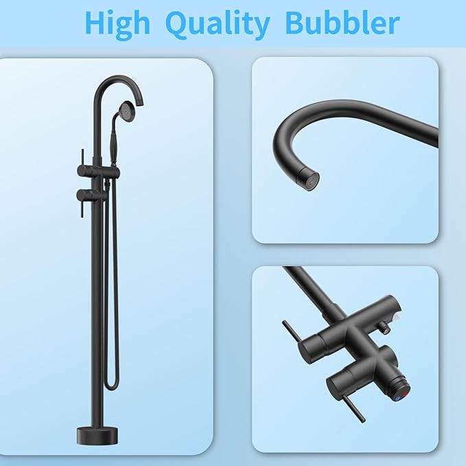 Freestanding Bathtub Faucet,Tub Filler Floor Mount Stand Bathtub Faucet Brass Bathroom Tub Faucets with 2 Function Telephone-Shape Handheld Shower Wand Swivel Matte Black