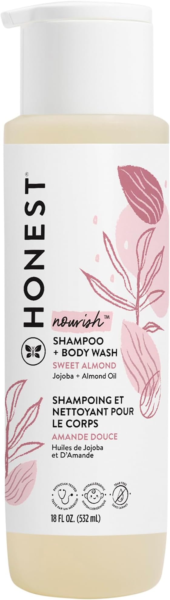 The Honest Company 2-in-1 Cleansing Shampoo Body Wash Gentle for Baby Naturally Derived Tear-free Hypoallergenic Sweet Almond Nourish 18 fl oz