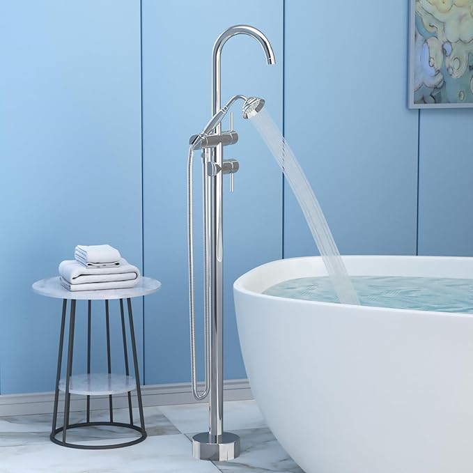 Freestanding Bathtub Faucet,Tub Filler Floor Mount Stand Bathtub Faucet Brass Bathroom Tub Faucets with 2 Function Telephone-Shape Handheld Shower Wand Swivel Polished Chrome
