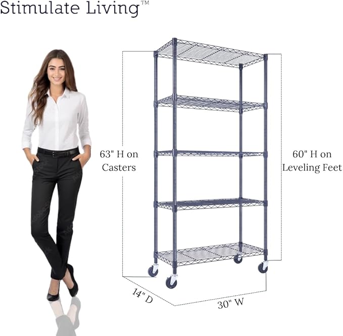 30"x14"x60" PRIME HEAVY DUTY Black 5-Tier Wire Shelving 1,750 LBS MAX Capacity Storage Rack for Commercial, School, Home, Garage, Warehouse, Industrial, and Hospital Uses (with Wheels)