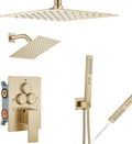 Aolemi Shower Faucet Set Ceiling Mount Shower System Rough-in Valve and Shower Trim Kit 10 and 6 Inch Dual Shower Head 2 in 1 Handheld Spray Push Button Diverter Brushed Gold