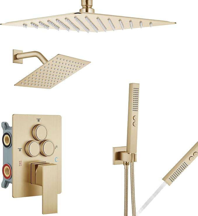 Aolemi Shower Faucet Set Ceiling Mount Shower System Rough-in Valve and Shower Trim Kit 10 and 6 Inch Dual Shower Head 2 in 1 Handheld Spray Push Button Diverter Brushed Gold