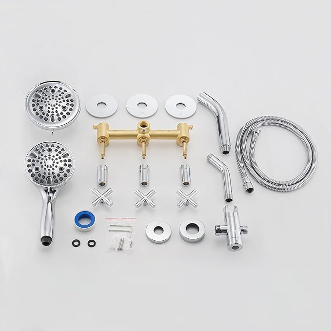 PROOX 3 Handle Tub Shower Faucet Set, Dual shower head Combo with Tub and Shower Trim Kit with Rough-in Valve, Polished Chrome Bathtub Shower Faucets, Wall Mounted Bathroom Rain Shower System