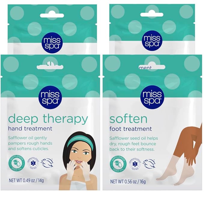 MISS SPA Moisturizing Hand Foot Treatment Set for Women, Nourishing Deep Therapy Softening Gloves and Foot Masks, Moisturizing Hand Masks Gloves for Dry Skin Soften Cuticles, Skin Care Set, 4-Pack
