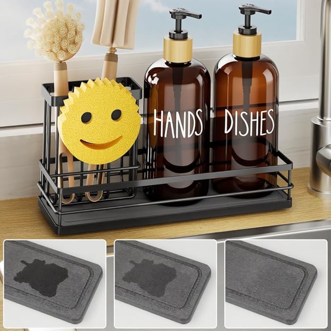 Moforoco Kitchen Dish Soap Dispenser Set, 16OZ Glass Bottle, Hand and Dish Soap Dispenser Set, Instant Dry Tray, Non-Slip Silicone Pad, Brush Holder with Sponge Holder, Kitchen Decor（Amber Bottle）