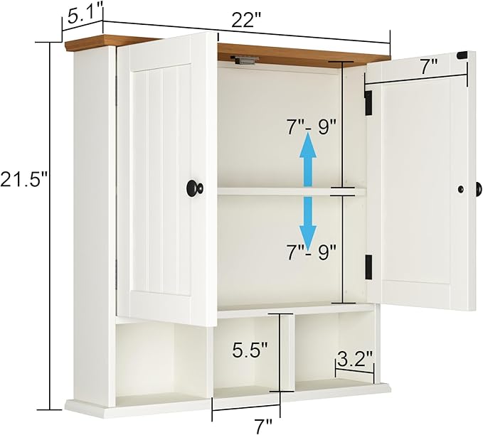 ChooChoo Bathroom Cabinet Wall Mounted 2-Door with 3 Open Shelves， Wooden Medicine Cabinets with Adjustable Shelf，Space Saver Storage Cabinets Over The Toilet for Bathroom&Living Room,White Brown