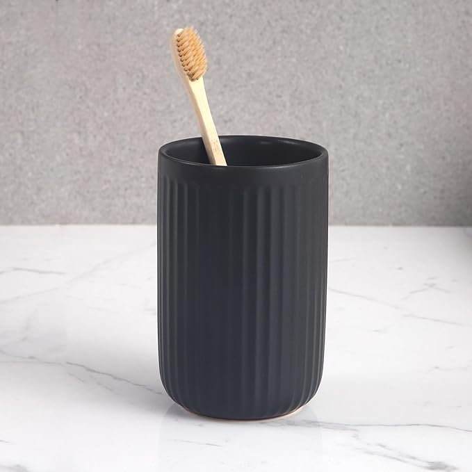 Matte Black Toothbrush Holders for Bathrooms - Ceramic Toothbrush Toothpaste Holders Set, Black Bathroom Tumbler Cups Reusable Toothbrush Cup Black Mouthwash Cup, Bathroom Counter Organizer.