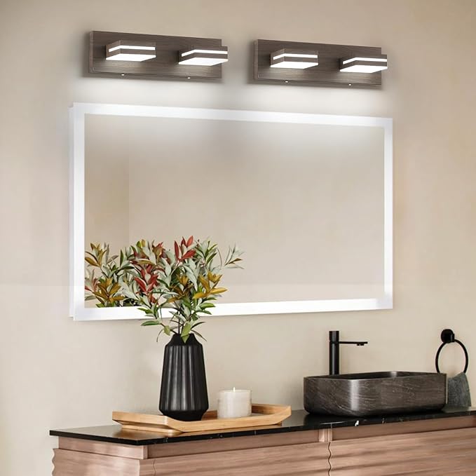 SineRise LED Modern Bathroom Vanity Light Fixtures (2-Light, 15.5-Inch), Brown Wood Painted Modern Acrylic Bathroom Wall Lighting Fixtures Over Mirror (Cool White 6000K)