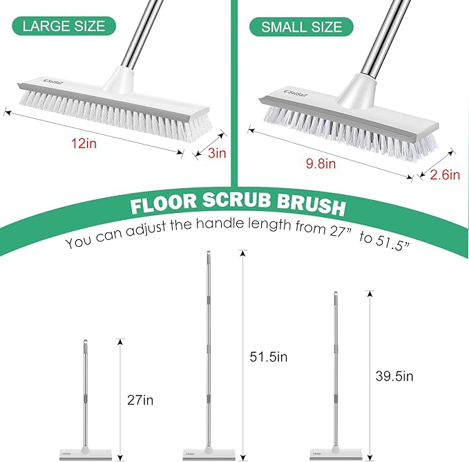 SetSail Upgraded Large 12 in Wide Floor Scrub Brush with 51-Inch Long Adjustable Handle 2 in 1 Scrape Brush Stiff Bristle Floor Scrubber for Cleaning Shower Bathroom Garage Kitchen Wall Deck Tub Tile