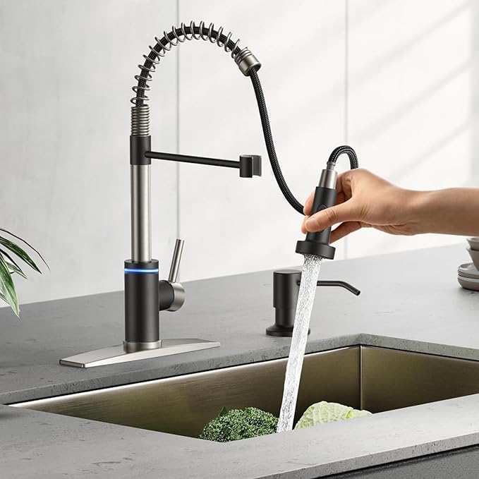 Smart Kitchen Faucet, 3 Modes Pull Down Sprayer, Touch On Sensor Activated, LED Temperature Control, 360-Degree Rotation,1 or 3 Hole Deck Plate. 10-Year Warranty. (KW-66NR, Brushed Nickel/Black)