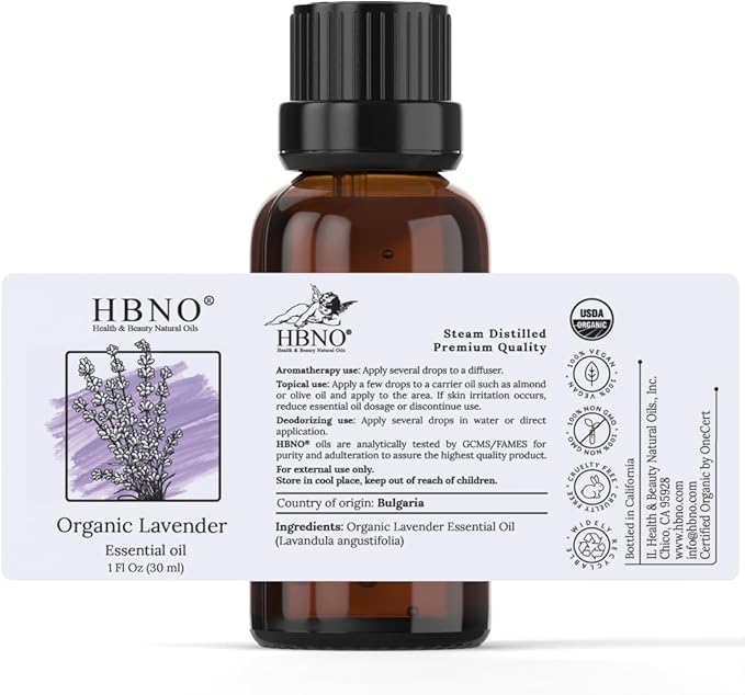 HBNO California Bottled Organic Lavender Essential Oil 1 fl oz (30ml) - USDA Certified Organic Lavender Oil for Skin, Perfect for Cleaning, Aromatherapy, DIY & Diffuser