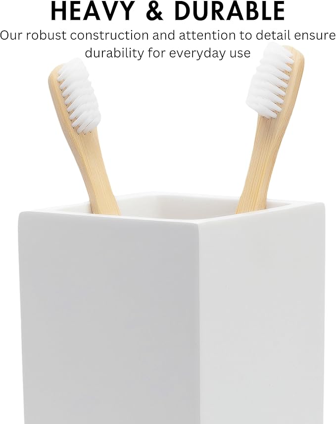 Matte White Toothbrush and Toothpaste Holder for Bathroom Vanity and Countertop, Square Organizer for Electric Toothbrushes, Floss, Razors, Cotton, and Mouthwash