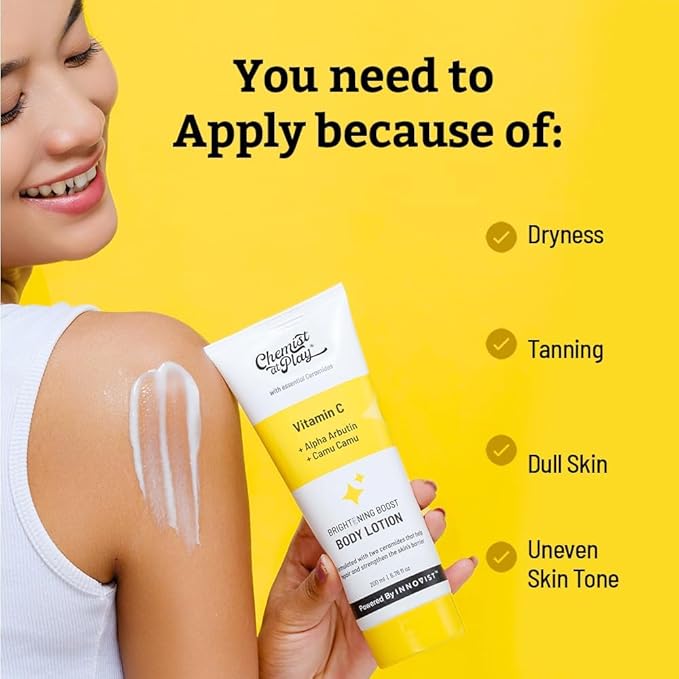 Chemist at Play Brightening Body Lotion with Ceramides | Alpha Arbutin, Camu Camu & Vitamin C | All Skin Types | For Bright, Moisturized & Glowing Skin | 200 ml