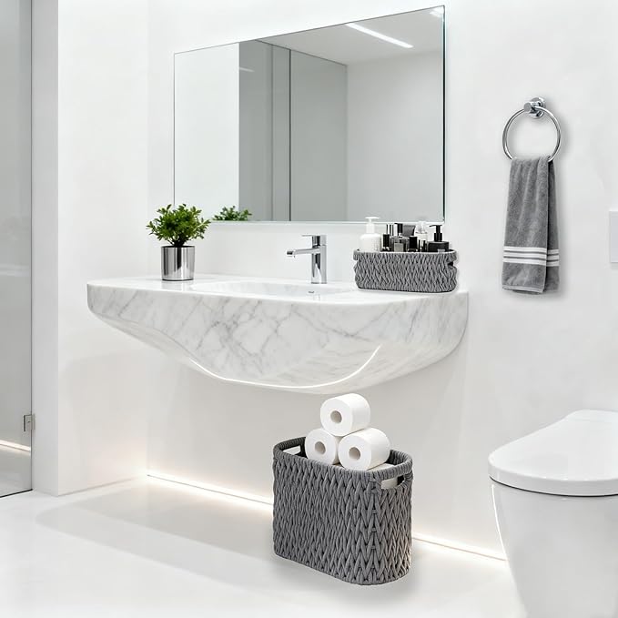 Boho Toilet Paper Storage Baskets, Cotton Rope Woven Bathroom Basket Set of 2, Standing Toilet Paper Holder for 6 Mega Rolls,Storage Bins for Toilet Tank Top, Bathroom Organizer Decor (Gray 2 Pack)