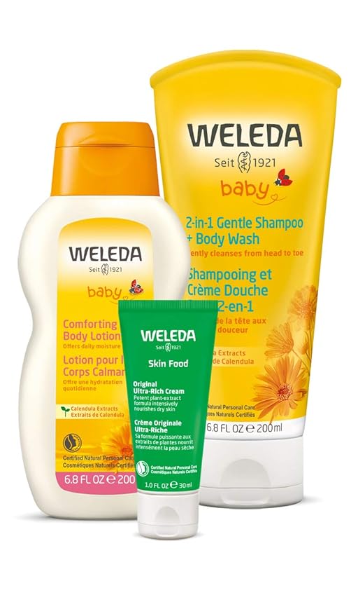 Weleda Baby Calendula 2-in-1 Shampoo, Body Wash, Comforting Lotion & Skin Food - 3-Piece Set - 6.8 Fluid Ounces Each, Vegan, Animal Derived Materials Free, Not Tested On Animals, Unisex