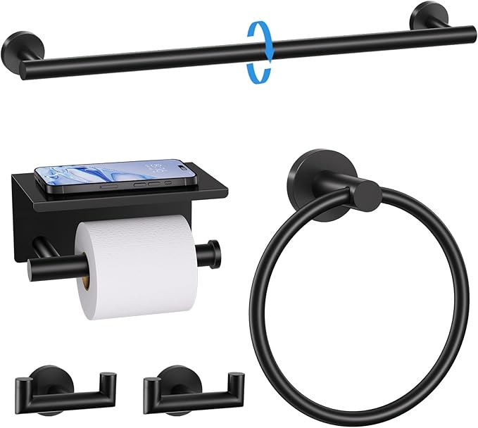 TNOMS 5 Pieces Towel Bar Set Matte Black Bathroom Hardware Set Upgraded Toilet Paper Holder with Shelf Towel Rail Set for Bathroom Stainless Steel Wall Mounted 23.6 Inch