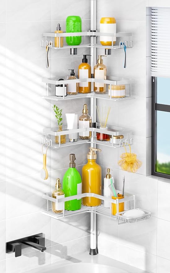 HAMITOR Corner Shower Caddy White: 4-Tier Rustproof Bathroom Bathtub Organizer Shelf with Soap Holder & Hooks - No-Drill Adjustable Standing Tension Pole Rack for Apartment Renters - 47-123 Inch