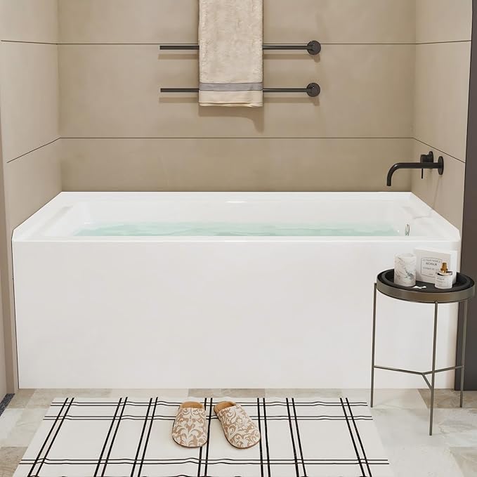 60x30 Inch Acrylic Bathtub, Single Apron Alcove Soaking Tub with Right-Side Overflow & Drain, Space-Saving Built-In Design, Easy Install for Modern Bathrooms