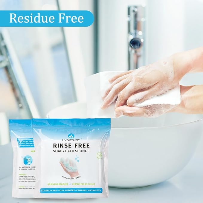 HYGIENJOY-21% Larger,No Rinse Bathing Wipes for Adults-Rinse Free Bath Sponges, Soap Infused,Extra Thick and Dry Shower Wipes for Elderly,For Camping,Hiking,GYM,Post Surgery Must Haves,(50 counts)