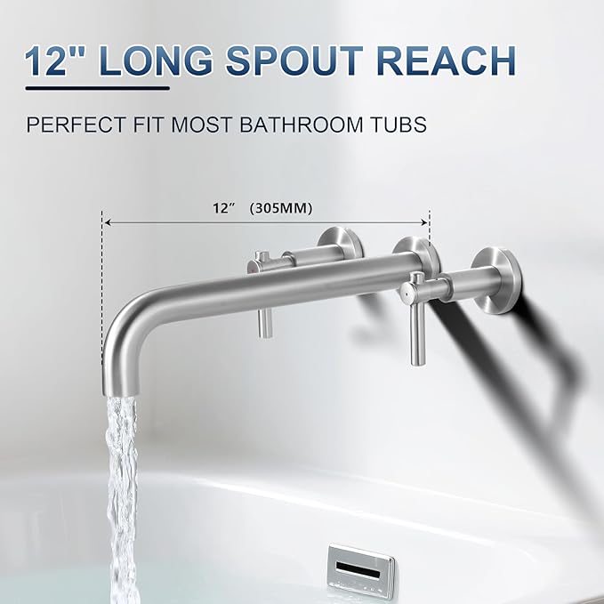 ALEASHA Wall Mount Tub Filler Tub Faucet High Flow Bathtub Faucets Two Handles Solid Brass, 12" Long Spout Reach, Brushed Nickel