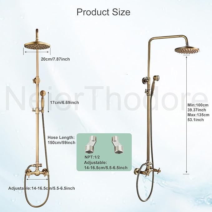 NeierThodore Antique Brass Bathroom Shower Faucet System Set 8 Inch Rainfall Shower Head Handheld Spray 2 Knobs Mixing