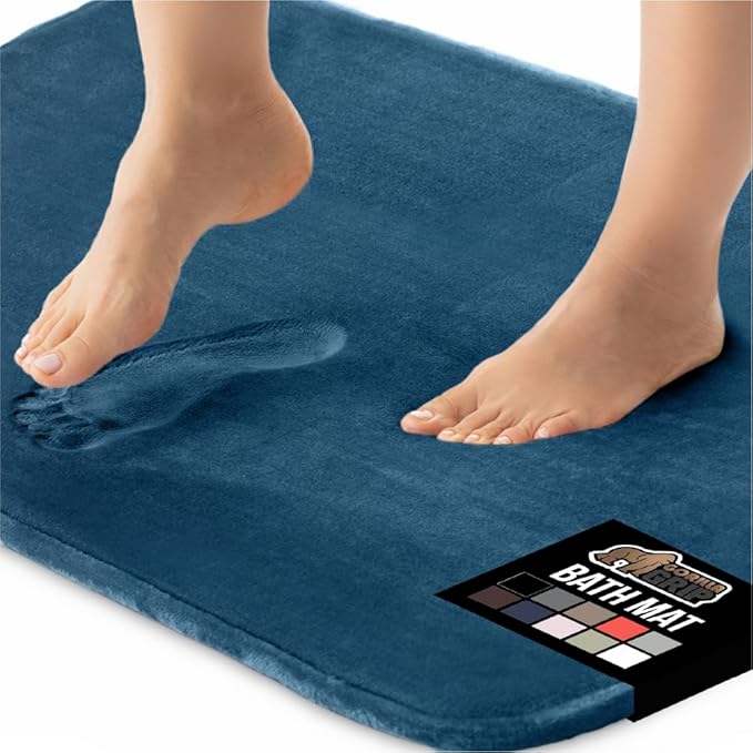 GORILLA GRIP Memory Foam Bath Mat, Soft Absorbent Velvet Bathroom Mats, Durable Dots on Underside, Machine Washable Bathmat, Carpet Rug Room Decor for Shower Tub Floor RV, 48x24 Rugs, Blue