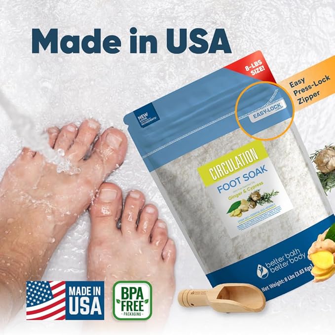 Circulation Foot Soak 128oz (8 Lbs) Epsom Salt Home Spa Soothing Soaks with Natural Ginger and Cypress Essential Oils Plus Vitamin C in BPA Free Pouch with Easy Press Lock Seal Made in USA