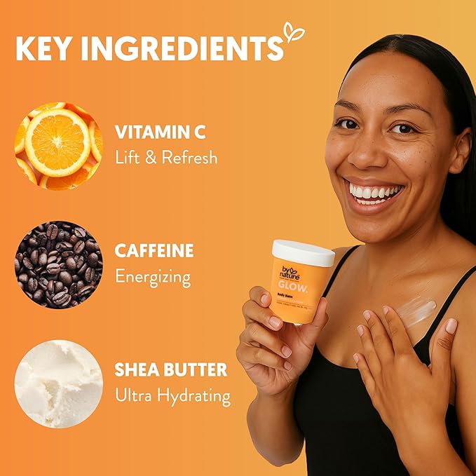 By Nature Glow Vitamin C + Caffeine Body Balm for Dark Spots – Hydrating Skin Moisturizer with Whipped Shea Butter – Vegan, Cruelty-Free, Made in New Zealand (6.8 oz)