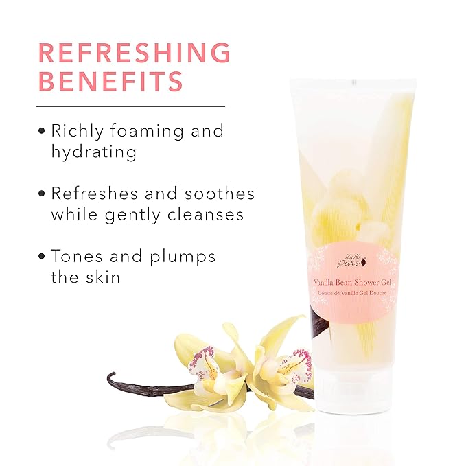 100% PURE Vanilla Bean Shower Gel Natural Foaming & Hydrating Body Wash - Deeply Moisturizing Gentle Soap Cleanser for All Skin Types, Even Sensitive - Gluten-Free - 8 Fl Oz