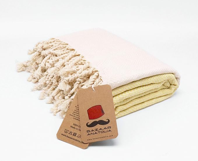 Bazaar Anatolia Turkish Beach Towel 100% Cotton Bath Towels 71x39 Quick Dry Sand Free Lightweight Large Oversized Herringbone Yellow