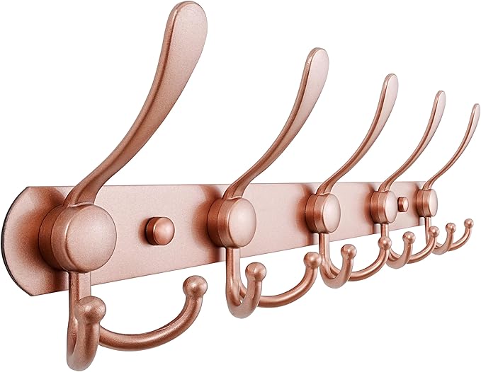 Dseap Coat Rack Wall Mounted - 5 Tri Hooks, Heavy Duty, Stainless Steel, Metal Coat Hook Rail for Coat Hat Towel Purse Robes Mudroom Bathroom Entryway, Rose Gold