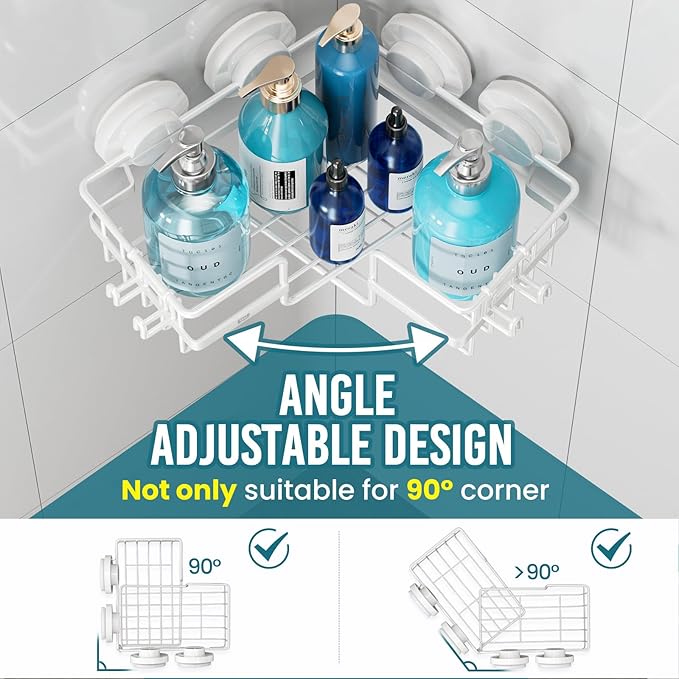 TAILI Corner-adaptive Suction Cup Shower Caddy 2 Pack, Stainless Steel Rustproof Corner Shower Shelves, Drill-Free Wall Mounted Baskets, Large Capacity Removable Suction Cup Bathroom Organizer, White