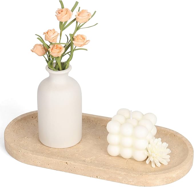 Natural Travertine Vanity Tray for Bathroom Countertop, 12" L x 6" W Light Beige Cream Decorative Tray with 4 Non-Slip Silicone Gaskets, Marble Tray for Jewelry, Perfume, Dresser Organizer