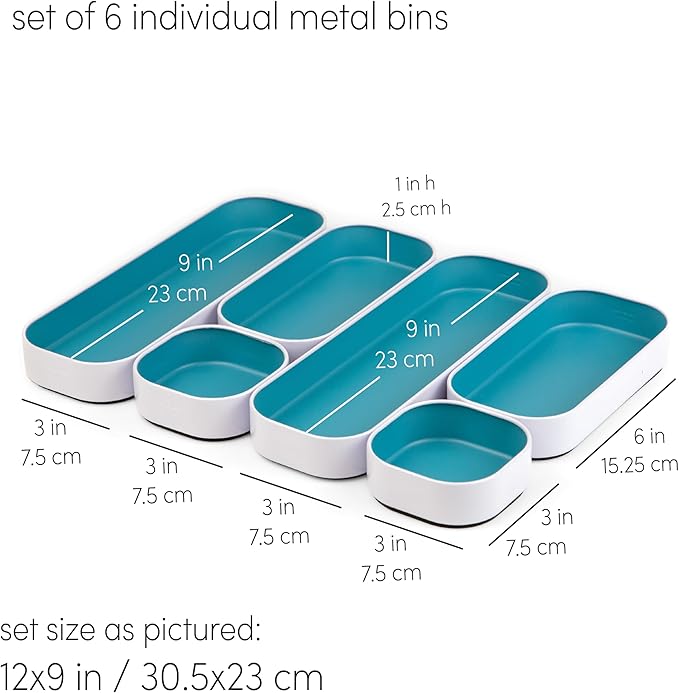 Three by Three Seattle 6 Piece Metal Stacking Bins + Drawer Organizers Set: Elevate Your Desk Organization with Playful Stackable Metal Organizers: Fun, Functional, and Stylish (Sky Blue)