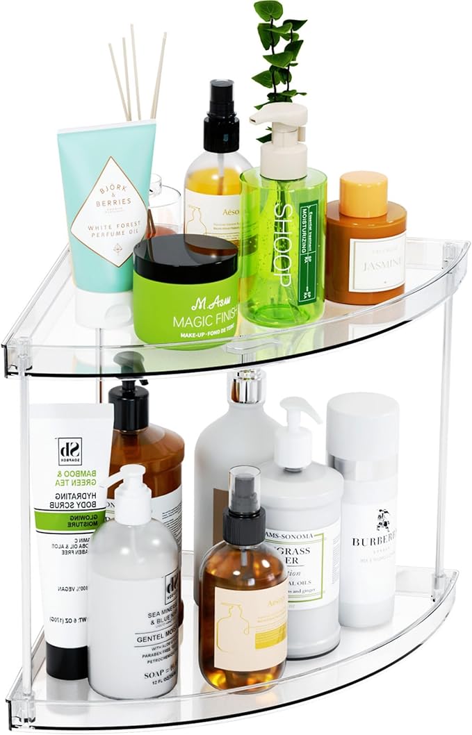Yieach Clear Corner Bathroom Counter Organizer,2Tier Tiered Countertop Corner Shelf for Perfume,Beauty Products,Makeup Organizer,Skincare Organizers,Vanity Storage Tray for Bedroom,Bathroom Sink Shelf