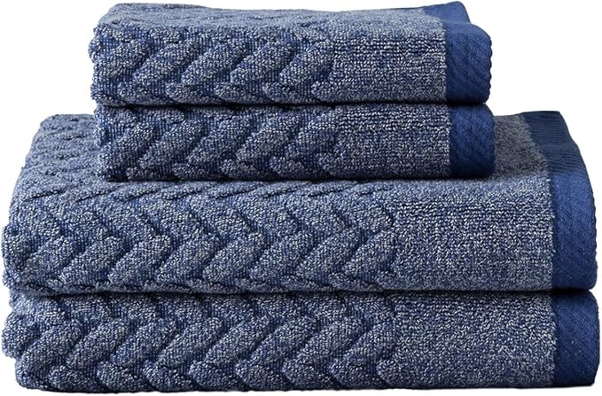 Texere 100% Organic Cotton Cable Jacquard 650 GSM Luxury Towel Sets - Ultra Soft and Absorbent Hotel and Spa Quality (Cable, Estate Blue, 2 Hand & 2 Face Towels)