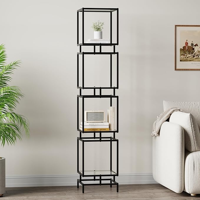 4 Cube Glass Shelf, 4-Tier Bookshelf, Display Shelf Rack, Metal Storage Rack with Tempered Glass, Modern Style for Living Room, Bathroom, Kitchen, Black