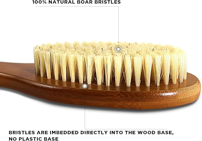 ICANdOIT-17.71Inch Natural Boar Bristles Anti-Slip Long Handle Bath Brush,Bent Handle Shower Scrubber for Exfoliating,Shower Back Brush,Exfoliation Set with Pumice Stone (1 Pack)