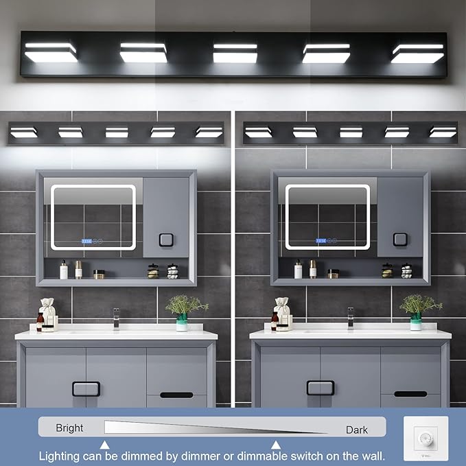 SineRise LED Modern Bathroom Vanity Light Fixtures (5-Light, 40-Inch, Dimmable), Matte Black Modern Acrylic Bathroom Wall Lighting Fixtures Over Mirror (Cool White 6000K)