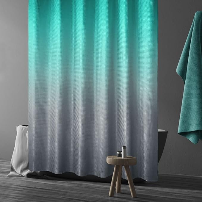 Gibelle Ombre Shower Curtain, Teal Grey Gradient Fabric Shower Curtain, Waffle Weave Textured Bathroom Curtains Shower Set with Hooks, Water Repellent and Machine Washable, 72 x 72