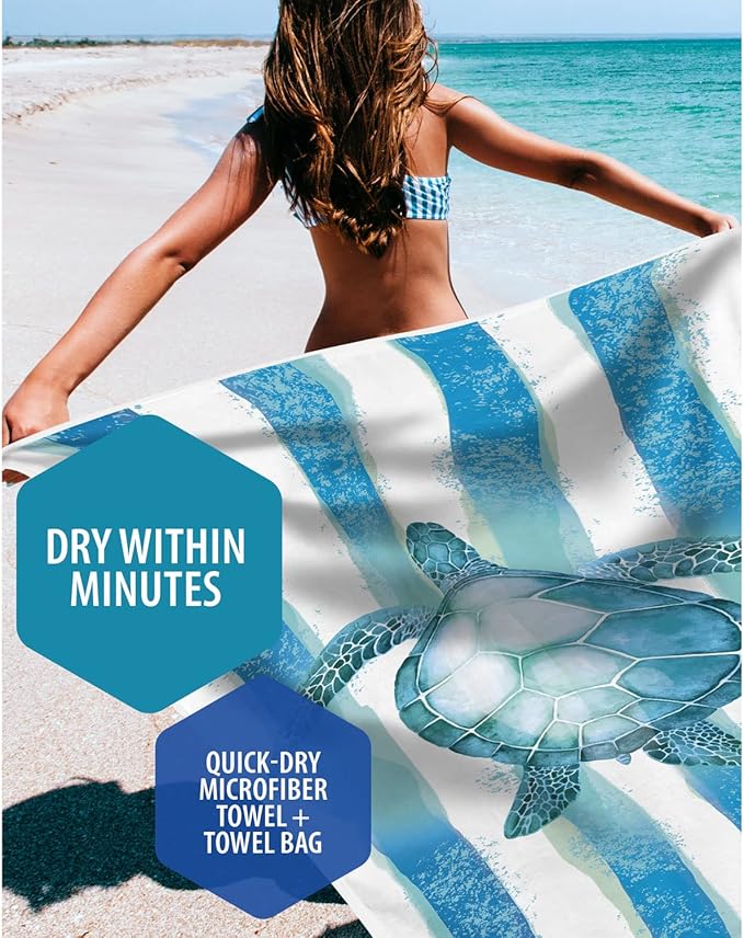 VENTURE 4TH Microfiber Beach Towel: Quick-Dry, Compact, Sand-Free, Absorbent, Sandproof and Lightweight - Perfect for Camping, Beach, and Roadtrips (Striped Turtle Design | 35x78 inches)