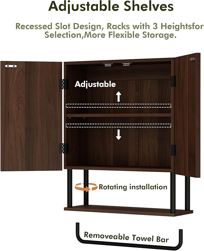 RUSTOWN Fluted Bathroom Wall Cabinet with 2 Doors, 3-Tier Modern Farmhouse Medicine Cabinet, Over The Toilet Storage Cabinet with Adjustable Shelf and Towel Bar (Dark Walnut, Medium)