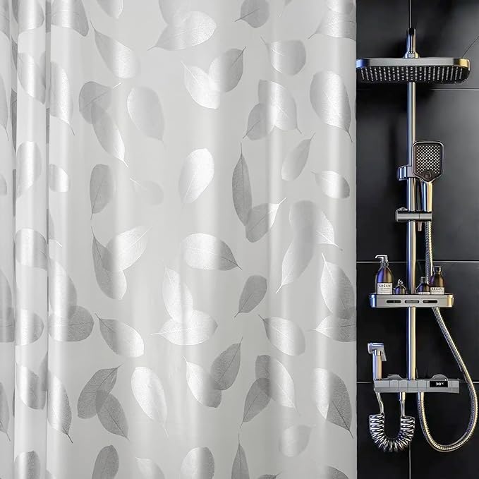 Plastic Shower Curtain Liner, Waterproof Printed PEVA Shower Curtain with Design, Silver Leaf Pattern, Rustproof Grommets, Standard Size 70x72 Bathtub Curtain for Bathroom (Pack of 1)