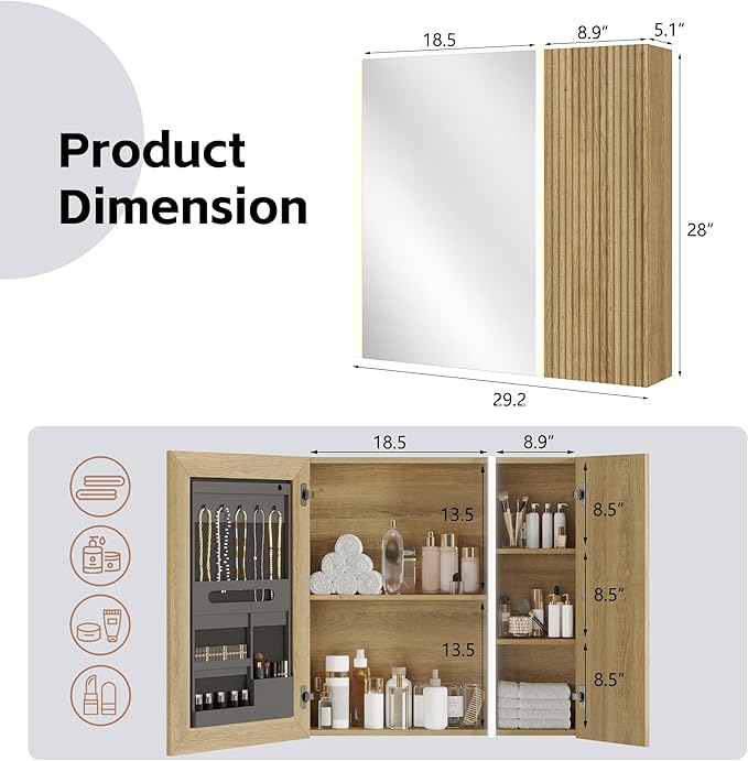 Lighted Bathroom Medicine Cabinet with Mirror，30 x 28 Inch Wall-Mounted Bathroom Wall Cabinet with Storage, LED Lights, Adjustable Shelves,Natural