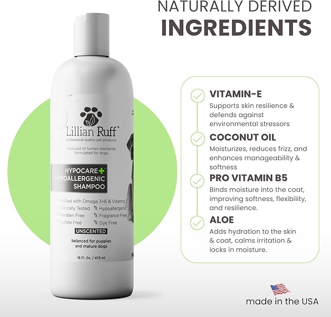Lillian Ruff PRO Formula HypoCare+ Oatmeal Dog Shampoo | Clinically Tested Hypoallergenic Formula for Itch & Allergy Relief – Fragrance-Free with Aloe, Vitamin E & Pro-Vitamin B5 – Made in USA
