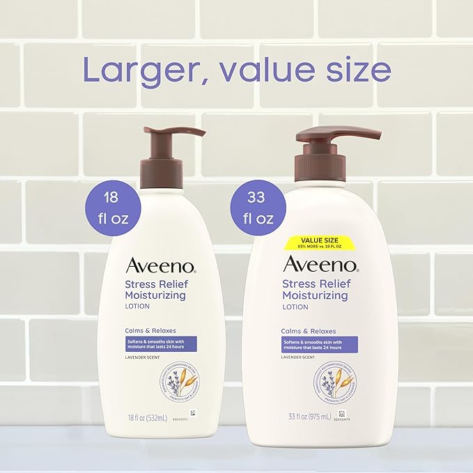 Aveeno Stress Relief Moisturizing Body Lotion 33 Fl Oz, Lavender Scent with Prebiotic Oat, Hydrating 24-Hour Moisturizer Non-Greasy for Dry Sensitive Skin, Paraben & Dye Free, Calming & Relaxing