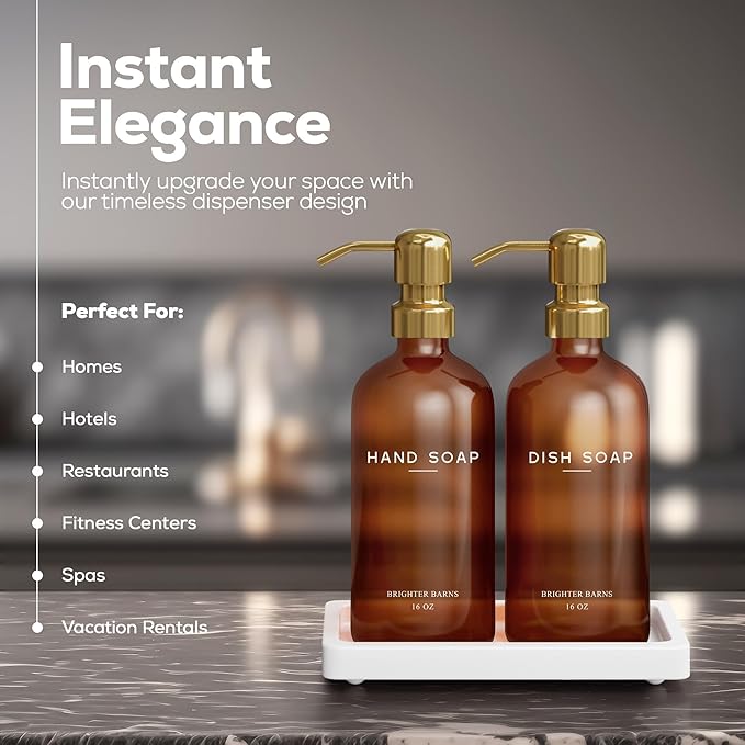 Luxury Glass Hand and Dish Soap Dispenser Set with Tray by Brighter Barns - Kitchen Soap Dispenser with Tray and Pump for Kitchen Sink - Luxury Home Decor for Airbnb, Restaurant, Hotel (Amber/Gold)