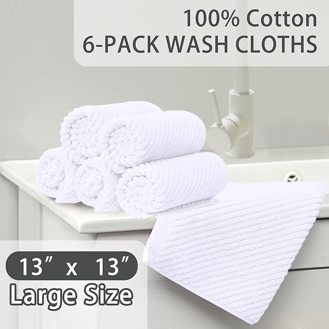 White Washcloths for Bathroom (6PC, 13"x13") - Cotton | Quick Dry | Lightweight | Thick | Soft | Absorbent, Hand Towels for Face & Body, Wash Cloths for Bathroom & Showering, Towel Gift Set