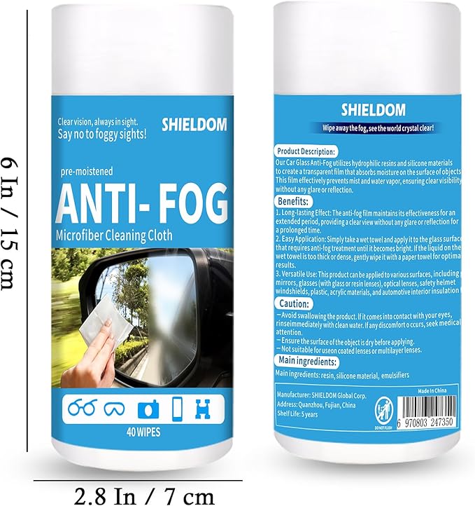 Glass Anti-Fog Wipes Pre-moistened Defogger to Prevent Fogging on Bathroom Mirror, Shower Door, Car Windshield, Window, Helmets, Goggles Quick NO Fog Tissue Resealable Bottle -40 Wipes